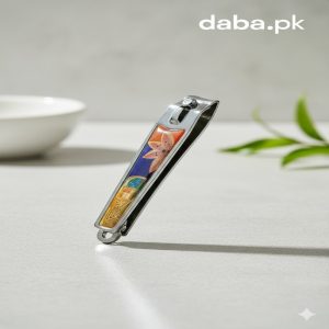 Elegant floral design nail cutter with house motif on a clean white background with a plant and bowl, perfect for home grooming.