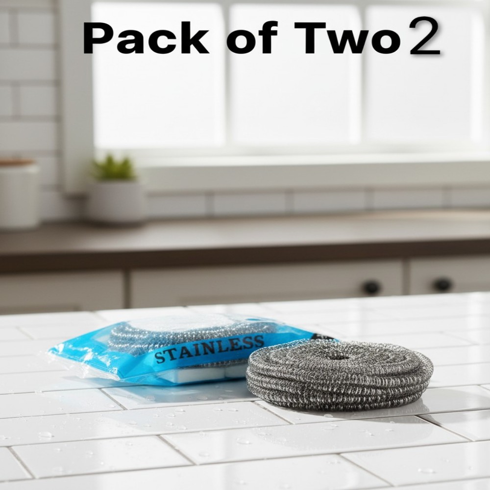 Stainless steel scouring pads displayed as a pack (sealed) and one loose pad on a white kitchen counter, emphasizing the value of a multi-pack or set.