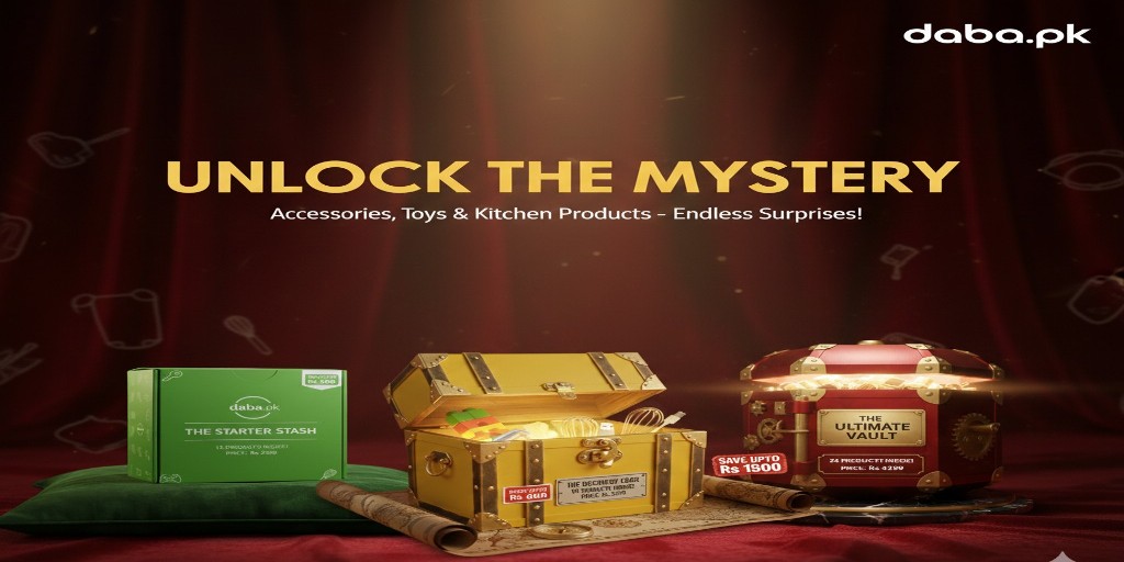Mystery Boxes by Daba.pk – Green Starter Stash with 12 Products, Yellow Discovery Chest with 18 Items, and Red Ultimate Vault with Premium 18 Surprises – Accessories, Toys & Kitchen Products