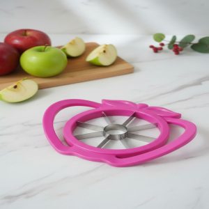 Manual stainless steel food slicer and apple cutter for kitchen use.