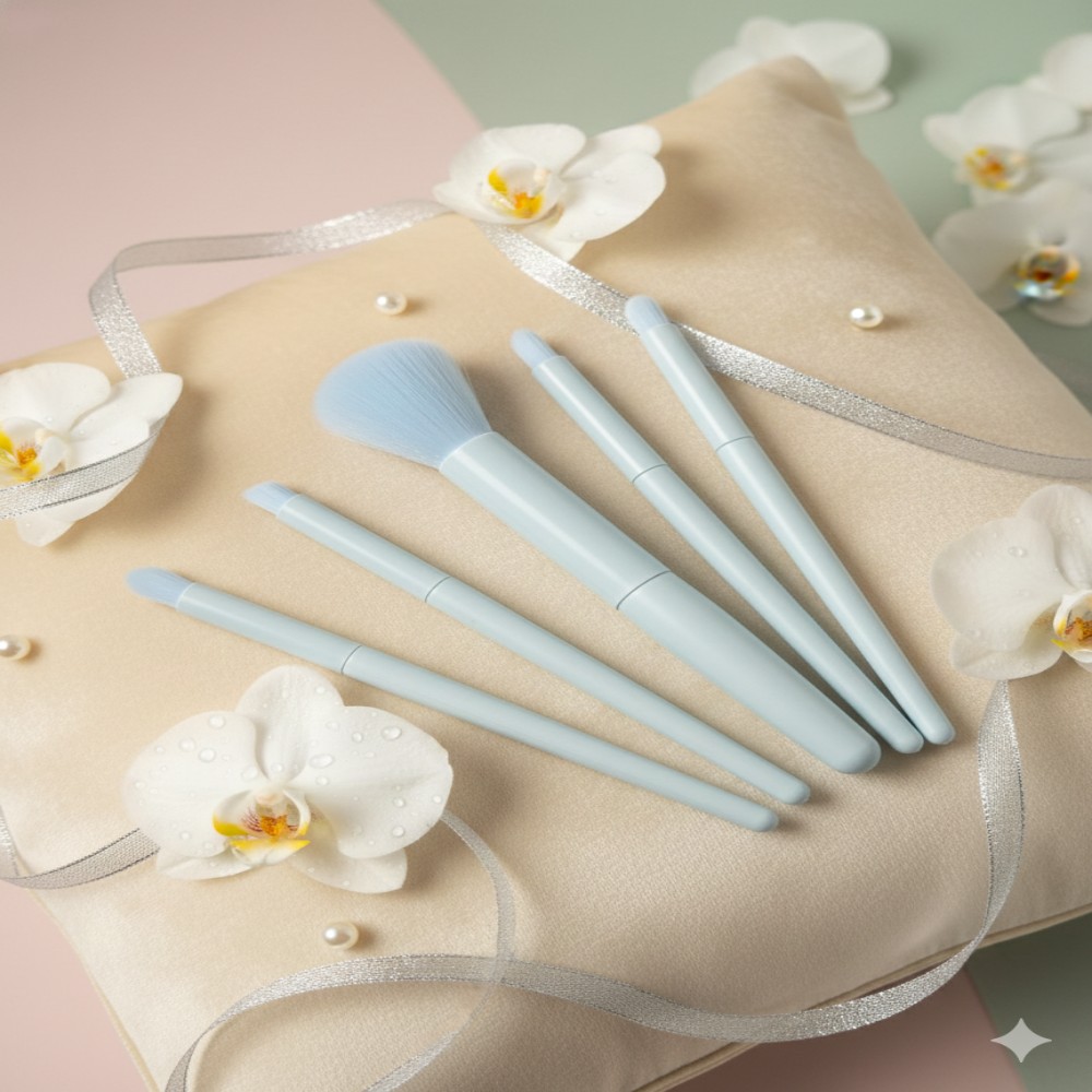 Arranged Set Sky blue makeup brush set with five different brush heads for face and eyes.