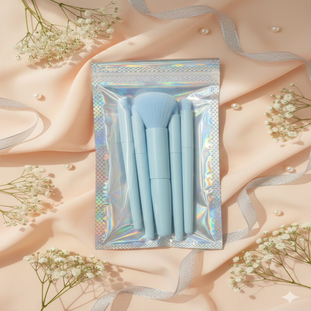 Packed Set 5-piece sky blue makeup brush set in holographic resealable packaging.