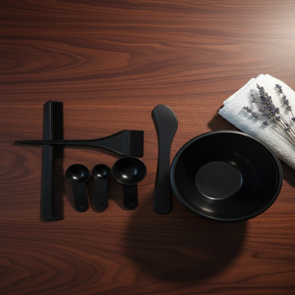 Complete 7-piece black hair dye mixing bowl and application tool set including brushes, comb, and measuring spoons on a dark wood background with a white towel.