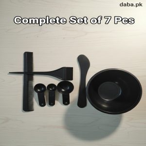 op-down view of a 7-piece hair dye kit with bowl, brushes, and measuring tools on a light wood surface, featuring 'daba.pk' branding and 'Complete Set of 7 Pcs' text.