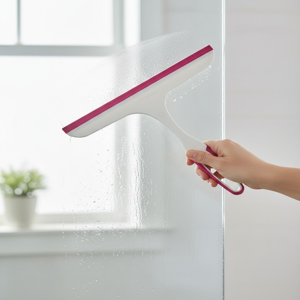 A hand holding the white and pink squeegee while wiping away water droplets from a glass shower door to reveal a perfectly clear, streak-free surface.