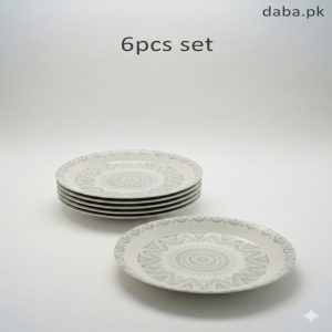 A professional studio shot showing a stack of five grey and white mandala-patterned plates with one plate displayed in front against a clean white background.