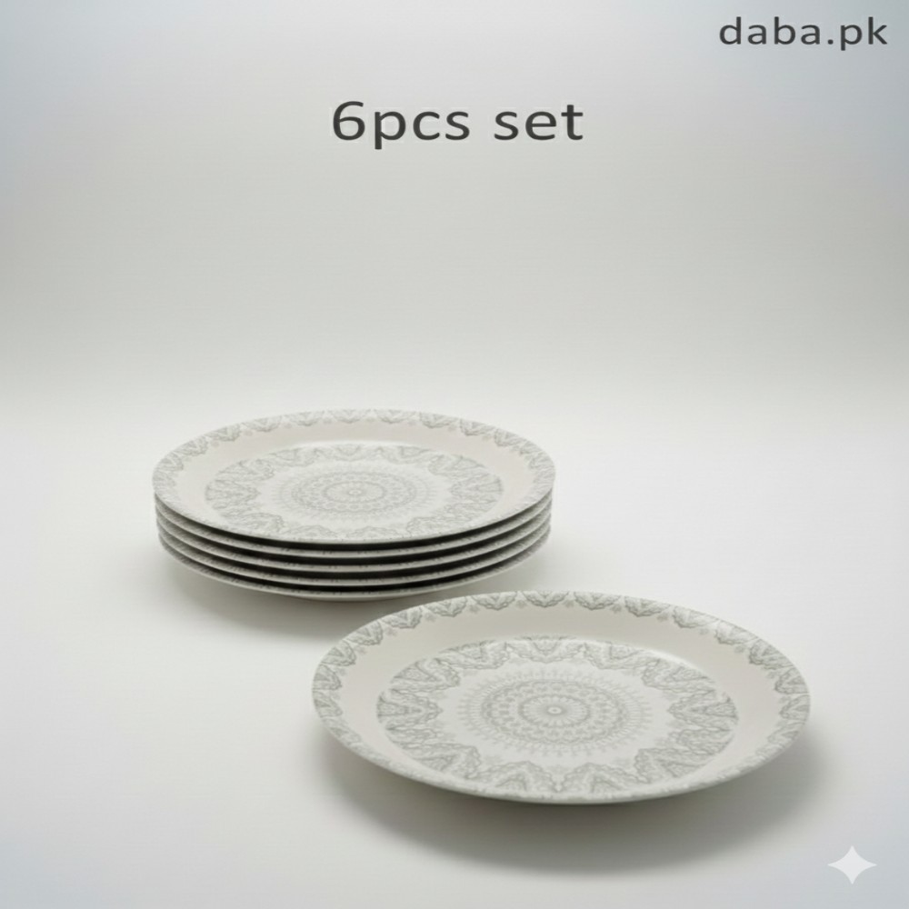 A professional studio shot showing a stack of five grey and white mandala-patterned plates with one plate displayed in front against a clean white background.