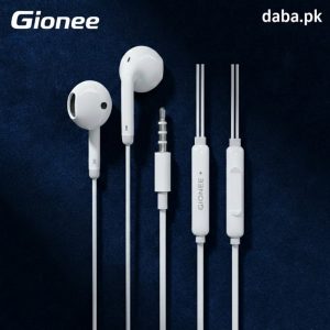 Gionee white wired handsfree with 3.5mm jack and in-line controller displayed on a premium navy blue textured background.