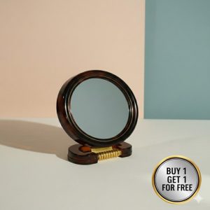 buy 1 get 1 free Modern double-sided vanity mirror with a brown patterned frame on a clean peach and teal background.