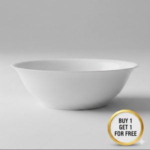 buy 1 get 1 free Minimalist studio shot of a single round white plastic bowl on a plain light grey background.