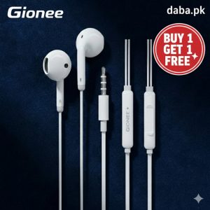 Buy 1 get 1 Free Gionee white wired handsfree with 3.5mm jack and in-line controller displayed on a premium navy blue textured background.